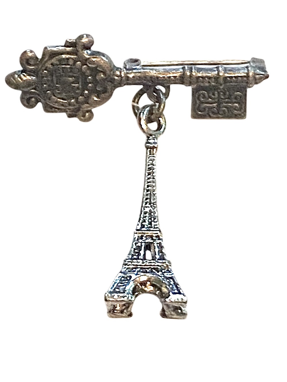Vintage Eiffel Tower Skeleton Key Brooch Silver Souvenir
